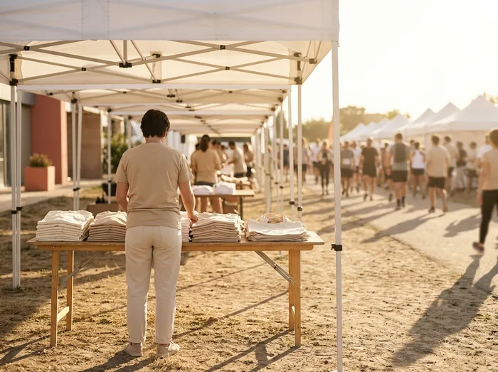 An outdoor community race, folded tees and totes on a trestle table under a row of white tents with runners passing behind.