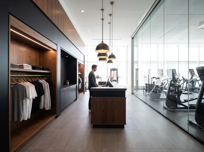 Reception area of an upscale gym, a lit walnut retail niche of apparel beside the front desk with the gym floor beyond glass.