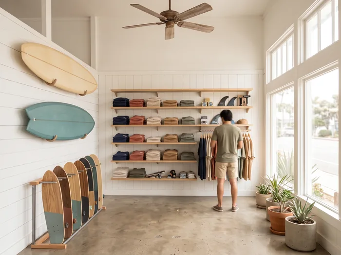 Interior of a surf and skate shop, a customer browsing a rack of apparel beside wall mounted boards and shelves of folded tees.