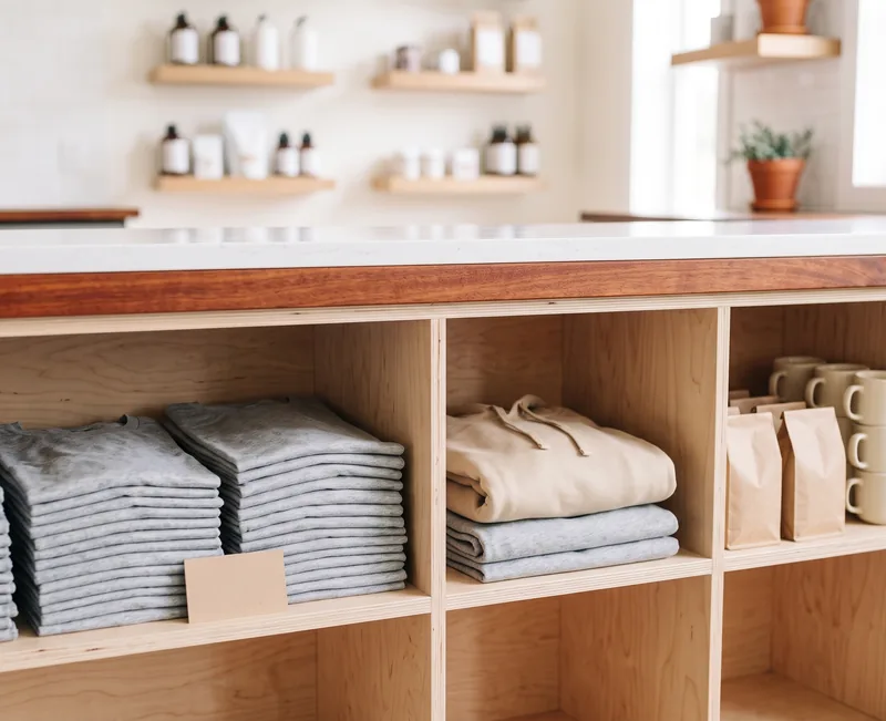 Folded tees and a hoodie in open birch cubbies built into a coffee bar counter, beside retail bags and stacked mugs.