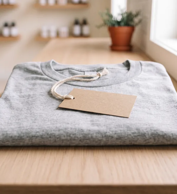 A blank kraft hang tag on a cotton string resting on a folded heather grey tee, on a shop counter.